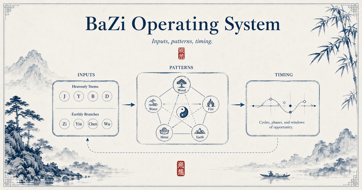 BaZi as a system diagram: inputs, Five Element patterns, and timing