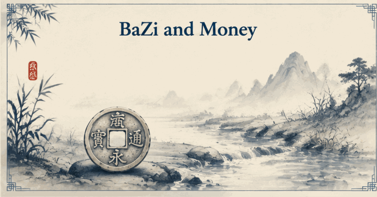 Ink-wash illustration of an old coin and a flowing stream representing wealth