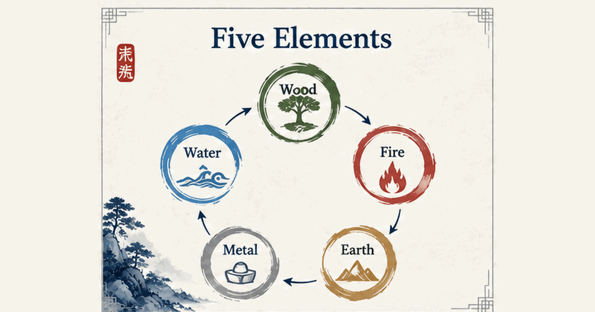 Diagram of the Five Elements generating cycle in BaZi: Wood, Fire, Earth, Metal, and Water