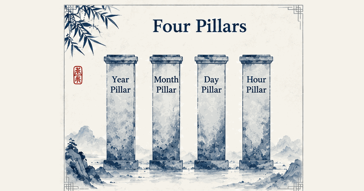 Ink-wash illustration of the Four Pillars of Destiny: Year, Month, Day, and Hour columns