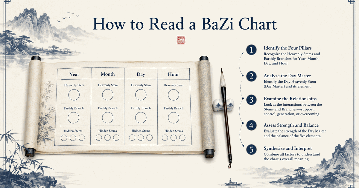 Scroll with a Four Pillars grid and the five steps to read a BaZi chart