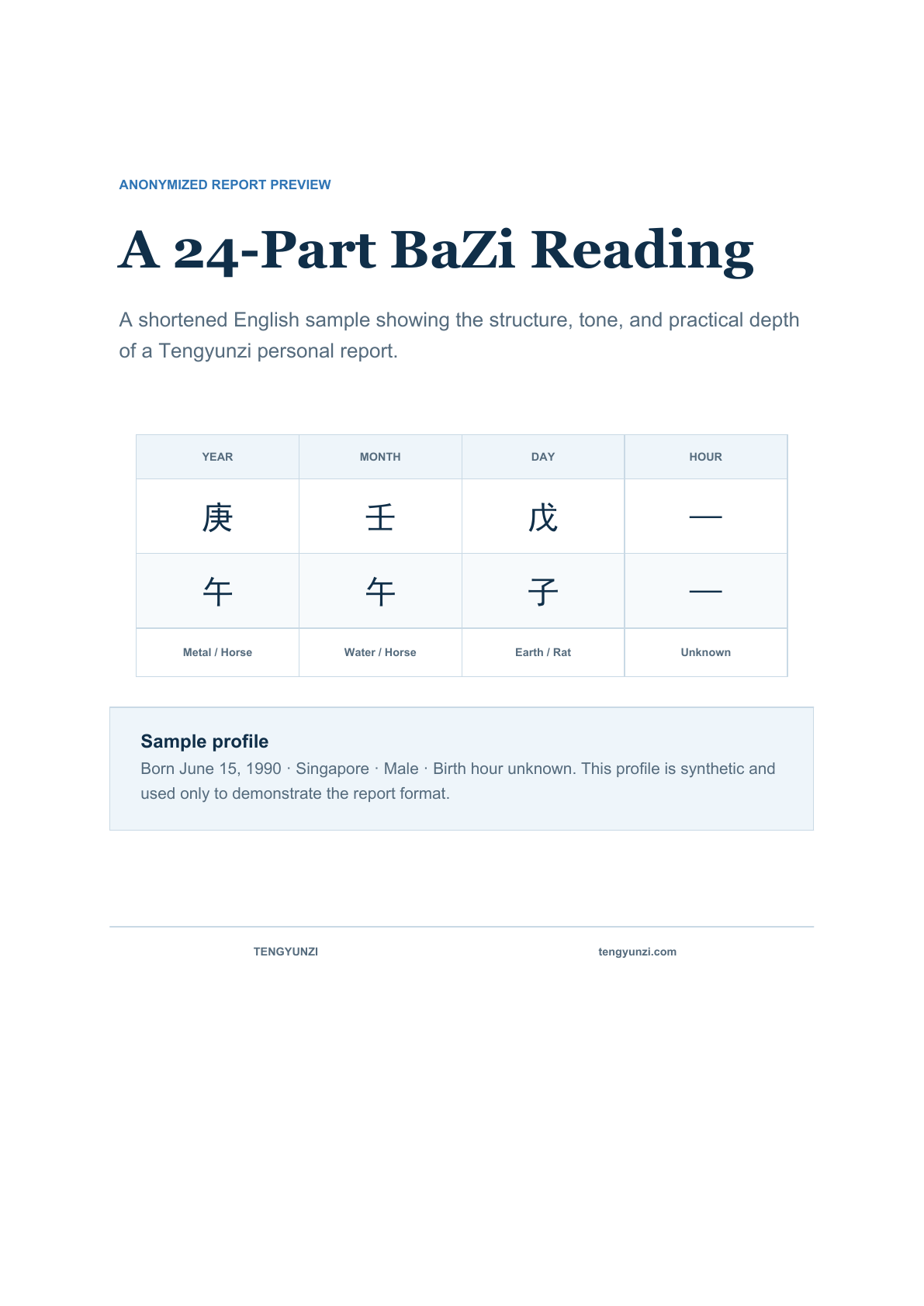 English cover of the Tengyunzi standard BaZi report sample